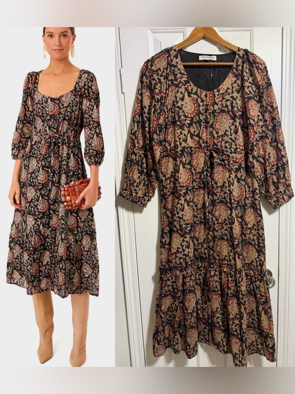 Emerson Fry India collection Lucy black brown floral tiered fall autumn dress XS